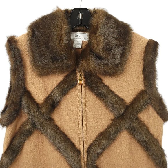 Lisa International Wool Vest Mock Neck Knit Top Set M Faux Fur Trim Brown Tan - Picture 16 of 16